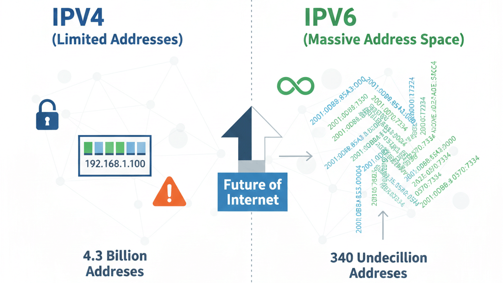 IPv4 부족 문제와 IPv6 확장성을 비교해 보여주는 개념 이미지