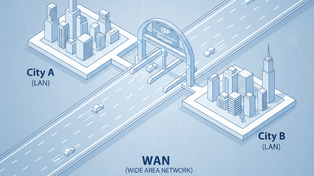 WAN은 멀리 떨어진 네트워크를 연결해 데이터가 길을 따라 이동하도록 돕습니다.
