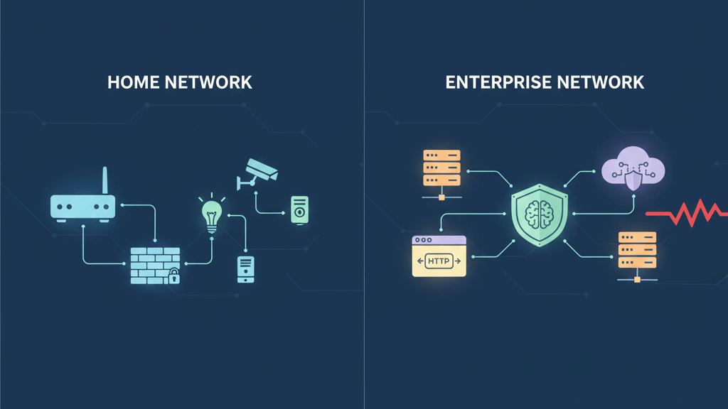 가정용 환경과 기업 환경에서 방화벽이 어떻게 활용되는지 한눈에 비교한 이미지