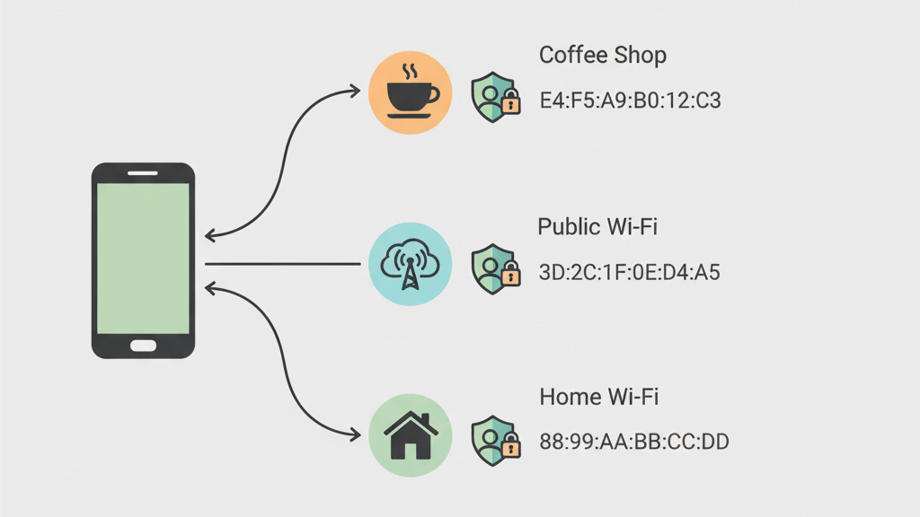 네트워크마다 다르게 생성되는 랜덤 MAC 주소의 동작 구조를 표현한 이미지