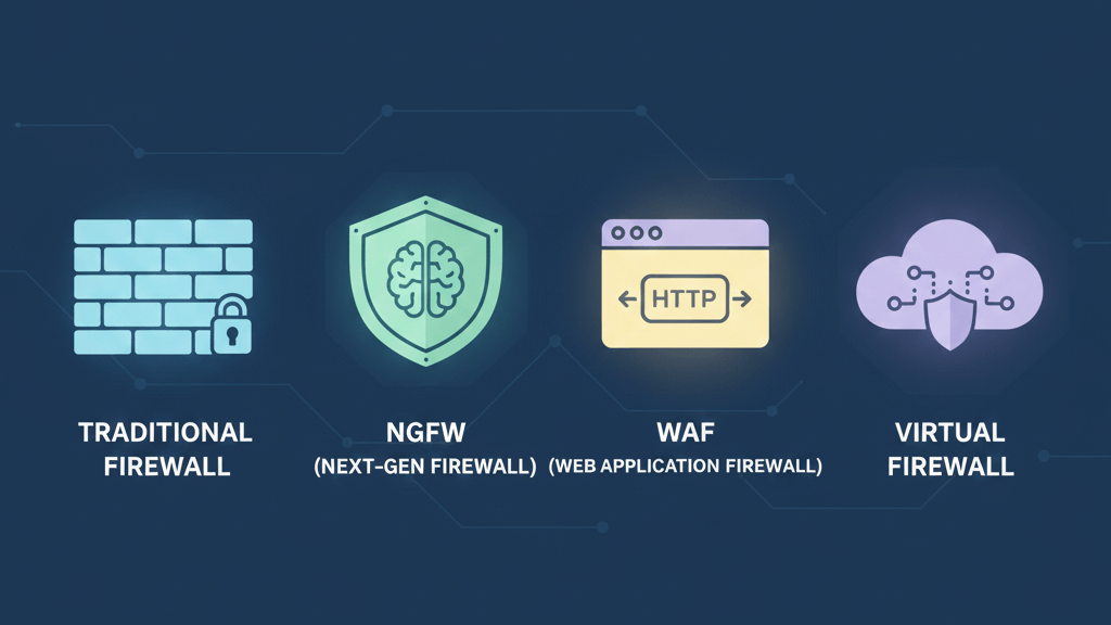 방화벽의 주요 종류(NGFW·WAF·클라우드 방화벽)를 직관적으로 보여주는 비교 이미지
